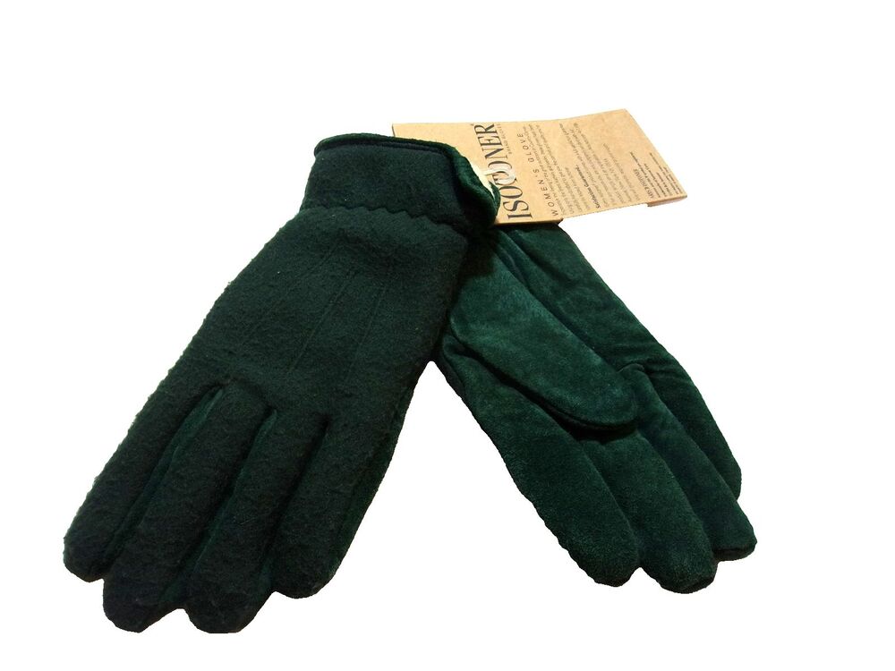 Country Isotoner Gloves Green Leather Polyester New Woman